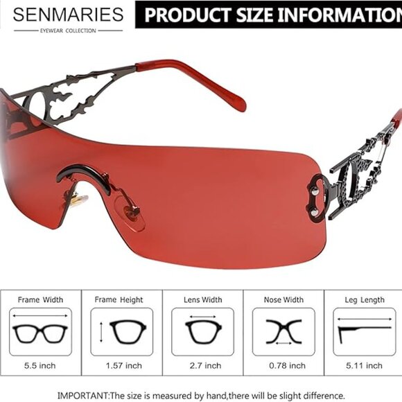 Red Rimless Y2k Rectangle Vintage Fashion Flame Metal Sunglasses For Women Men - Picture 2 of 6